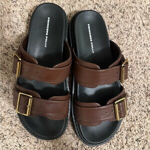 Princess Polly Brown Sandals with Gold Buckles